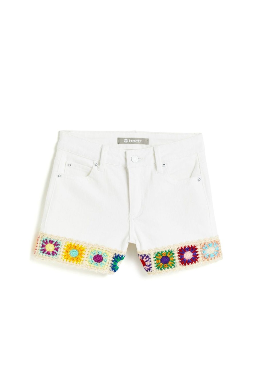 Girls Tractr Crochet | Brittany - Mid Rise Short With Crochet Panel Hem White