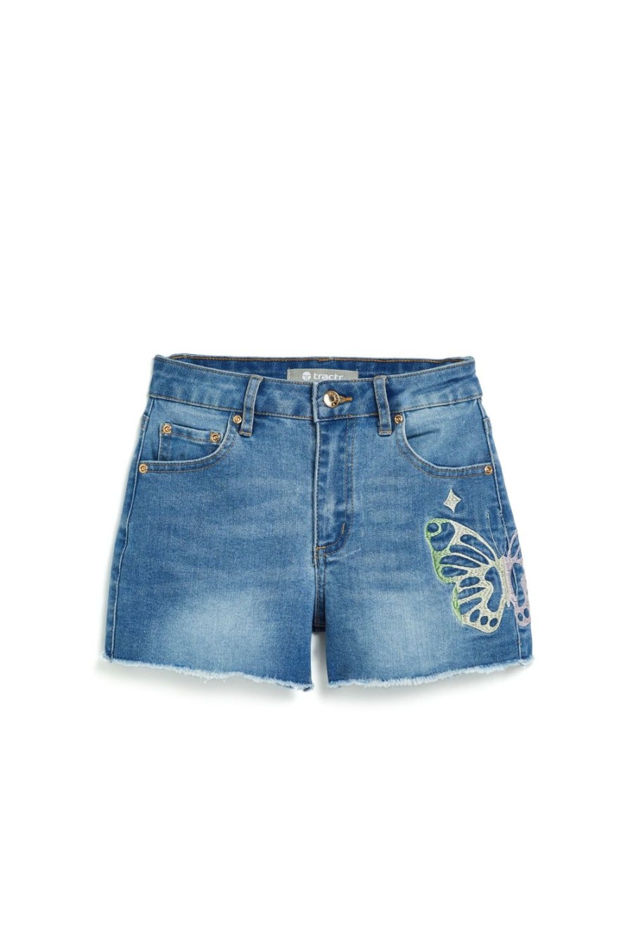 Girls Tractr Cut Off | High Rise Short With Wrap Around Butterfly Embroidery Medium Indigo