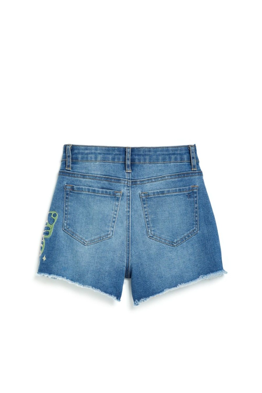 Girls Tractr Cut Off | High Rise Short With Wrap Around Butterfly Embroidery Medium Indigo