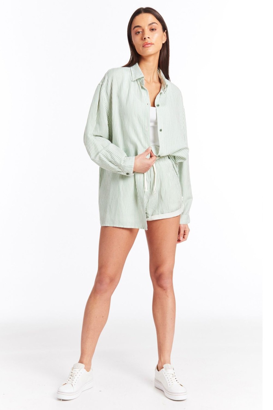 Women Tractr Shirt | Oversize Linen Shirt Green Stripe