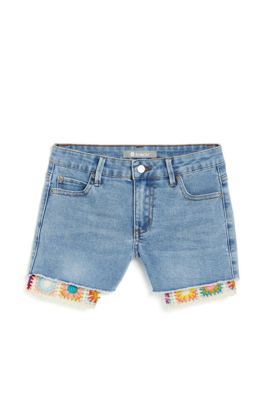 Girls Tractr Crochet | Brittany - 5 Pocket Crochet Pocket Detail Fray Hem Short Indigo