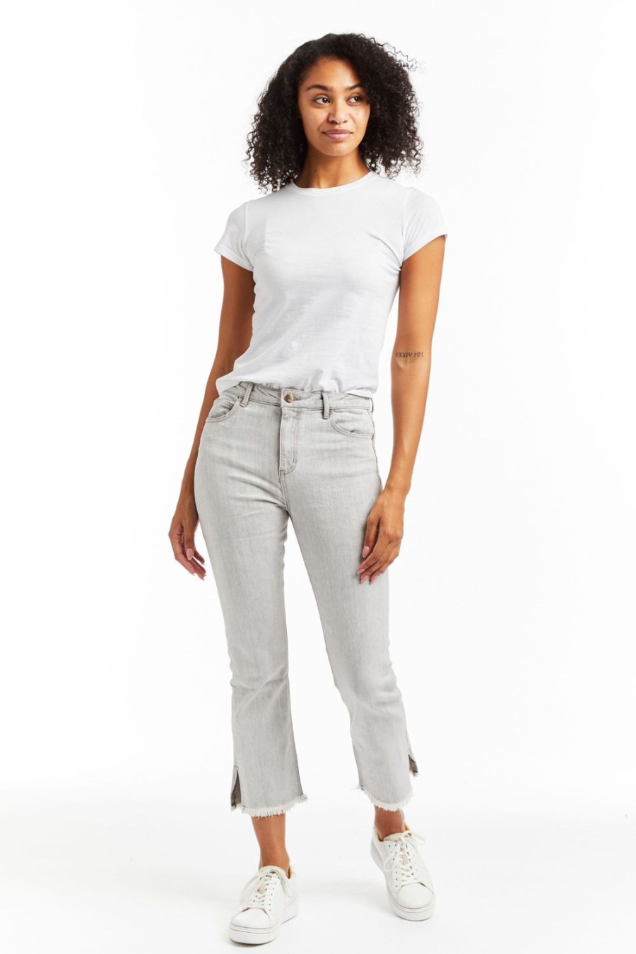 Women Tractr Ankle Length | High Rise Crop Flare With Side Slit And Raw Edge Hem Grey