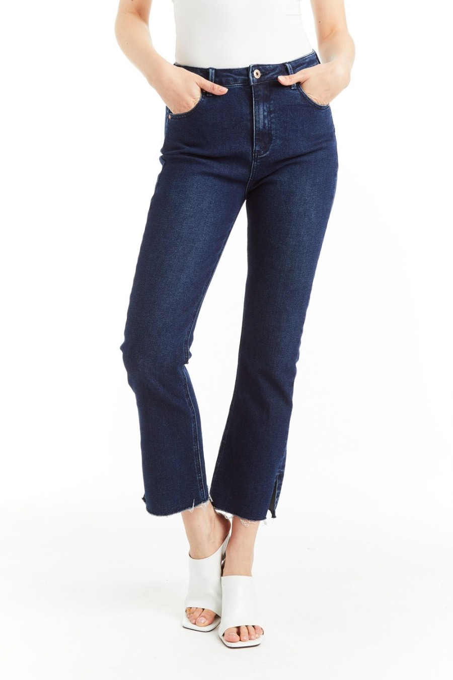 Women Tractr Ankle Length | High Rise Ankle Crop Flare With Side Slit Fray Hem Indigo