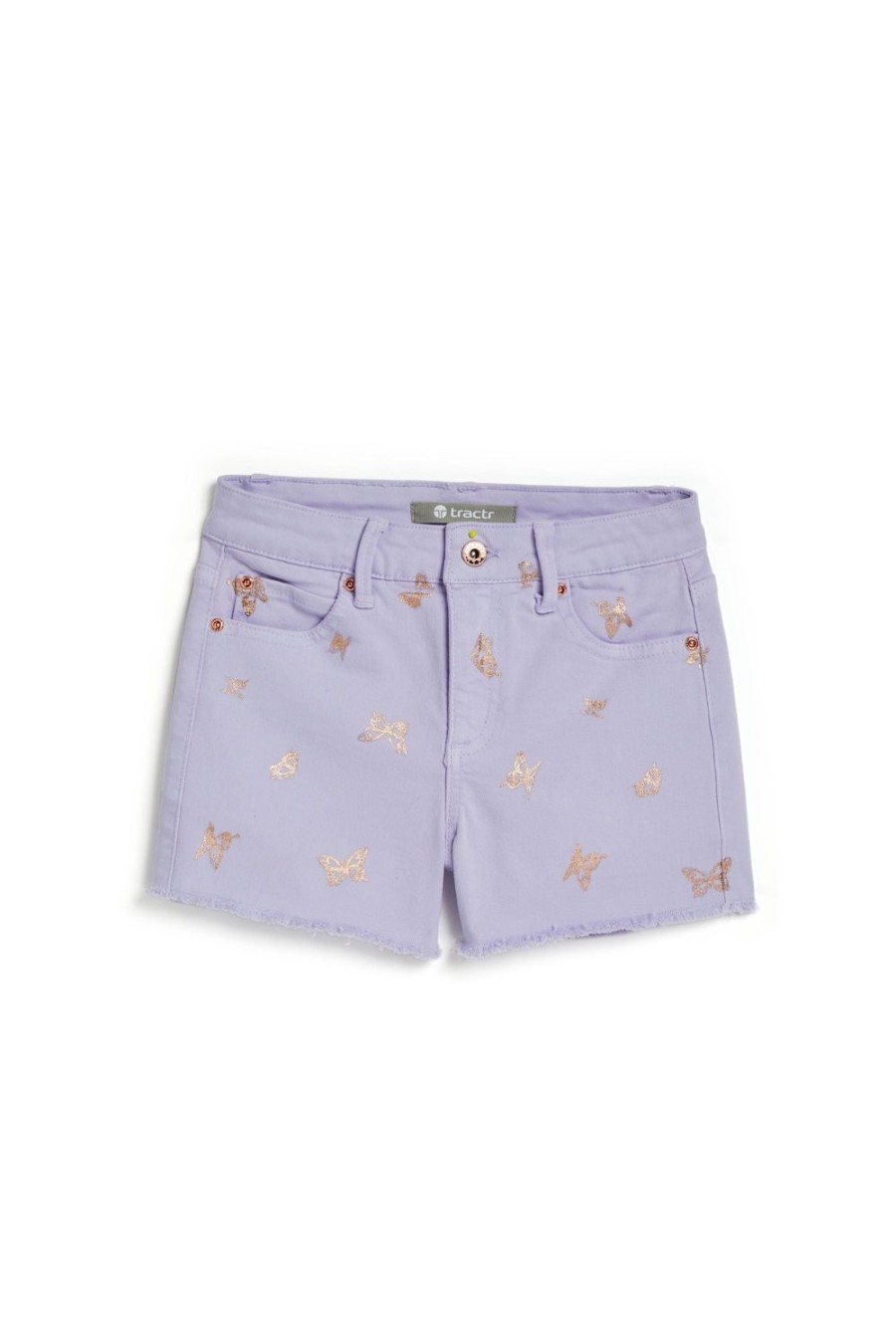 Girls Tractr Cut Off | Brittany - Mid Rise Fray Hem Shorts With Foil Print Butterfly Pastel Lilac