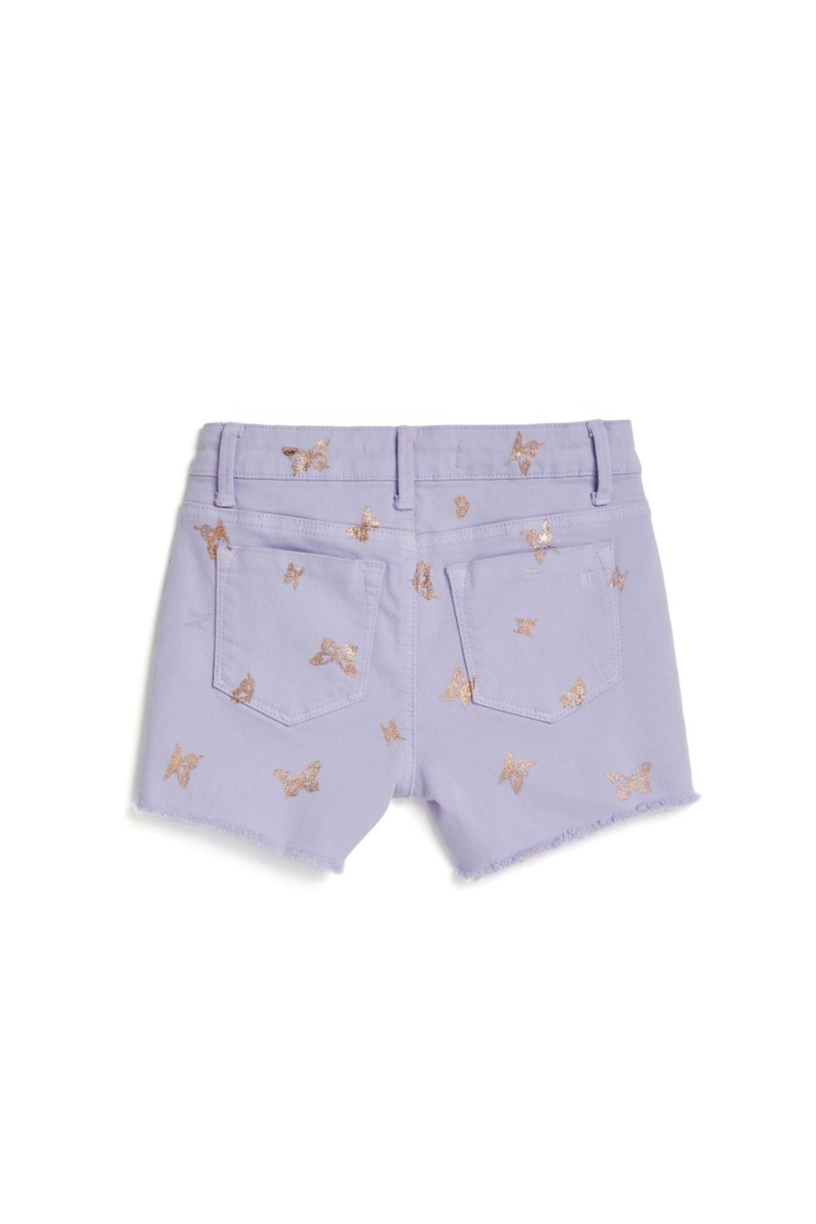 Girls Tractr Cut Off | Brittany - Mid Rise Fray Hem Shorts With Foil Print Butterfly Pastel Lilac