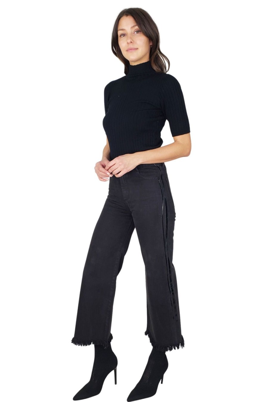 Women Tractr High Rise | High Rise Straight Pants With Fray Hem And Side Track Black