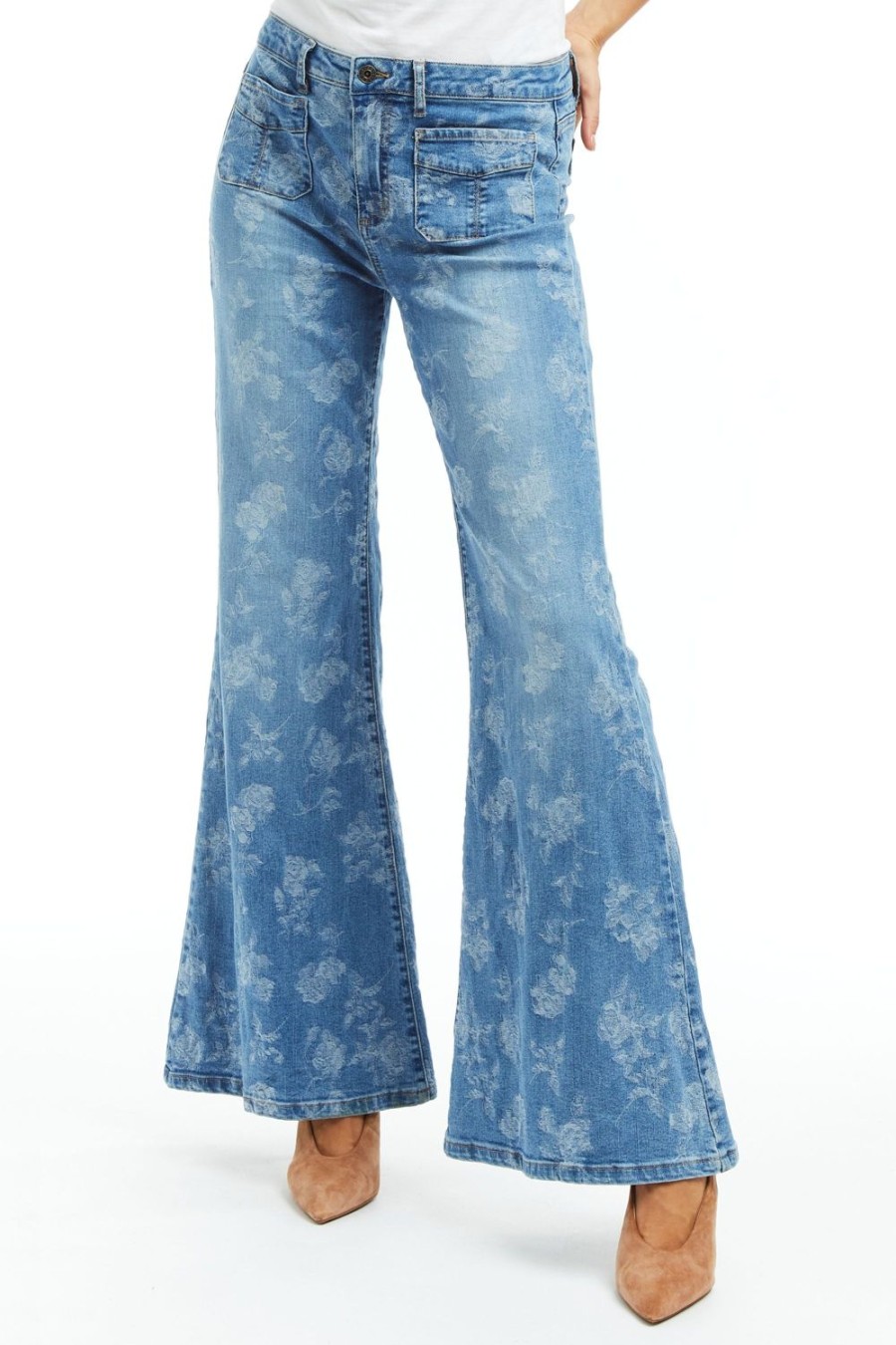 Women Tractr Flare | High Rise Relaxed Patch Pkt Flare Jean Indigo