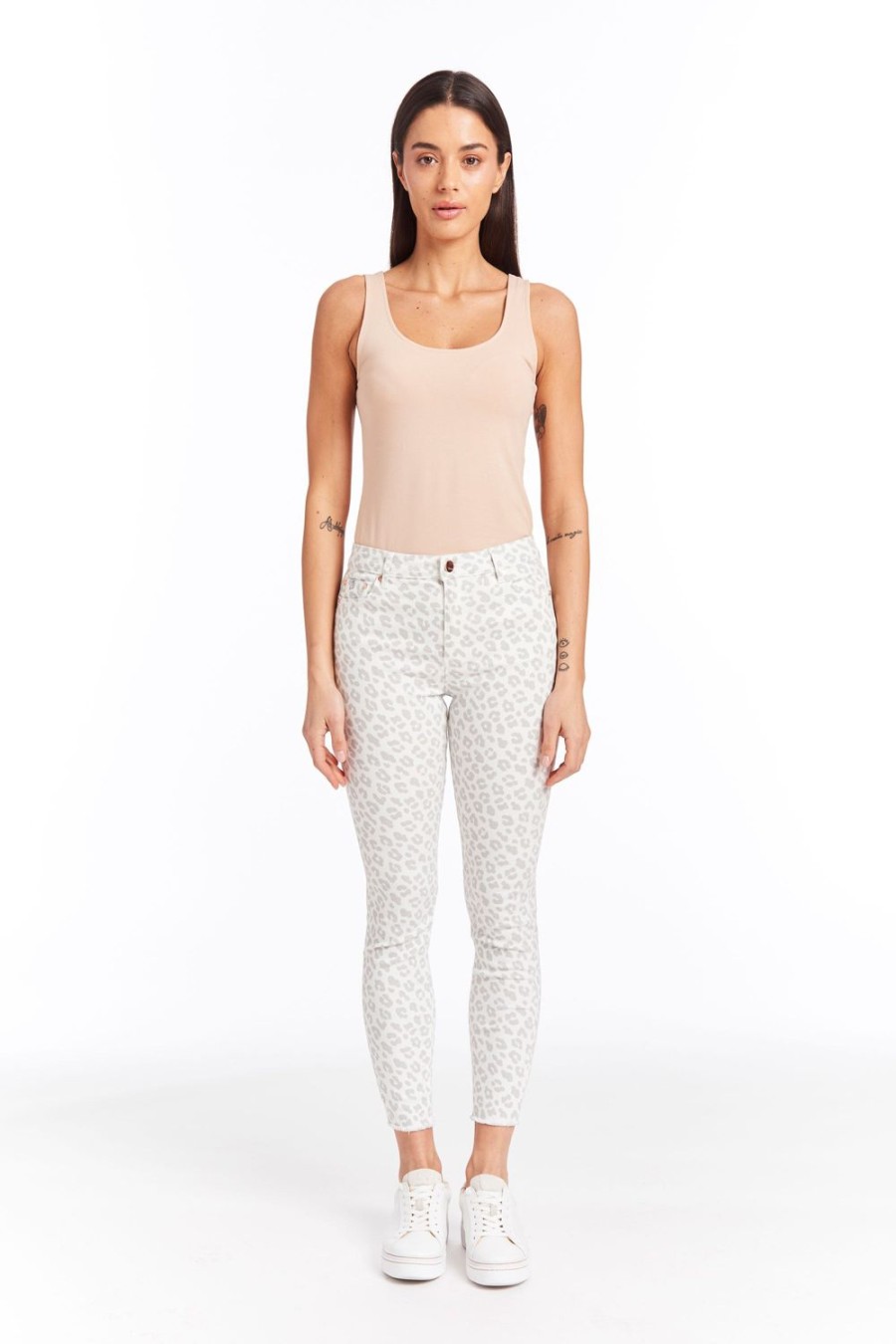 Women Tractr Ankle Length | Mona - High Rise Leopard Print Crop White/Grey