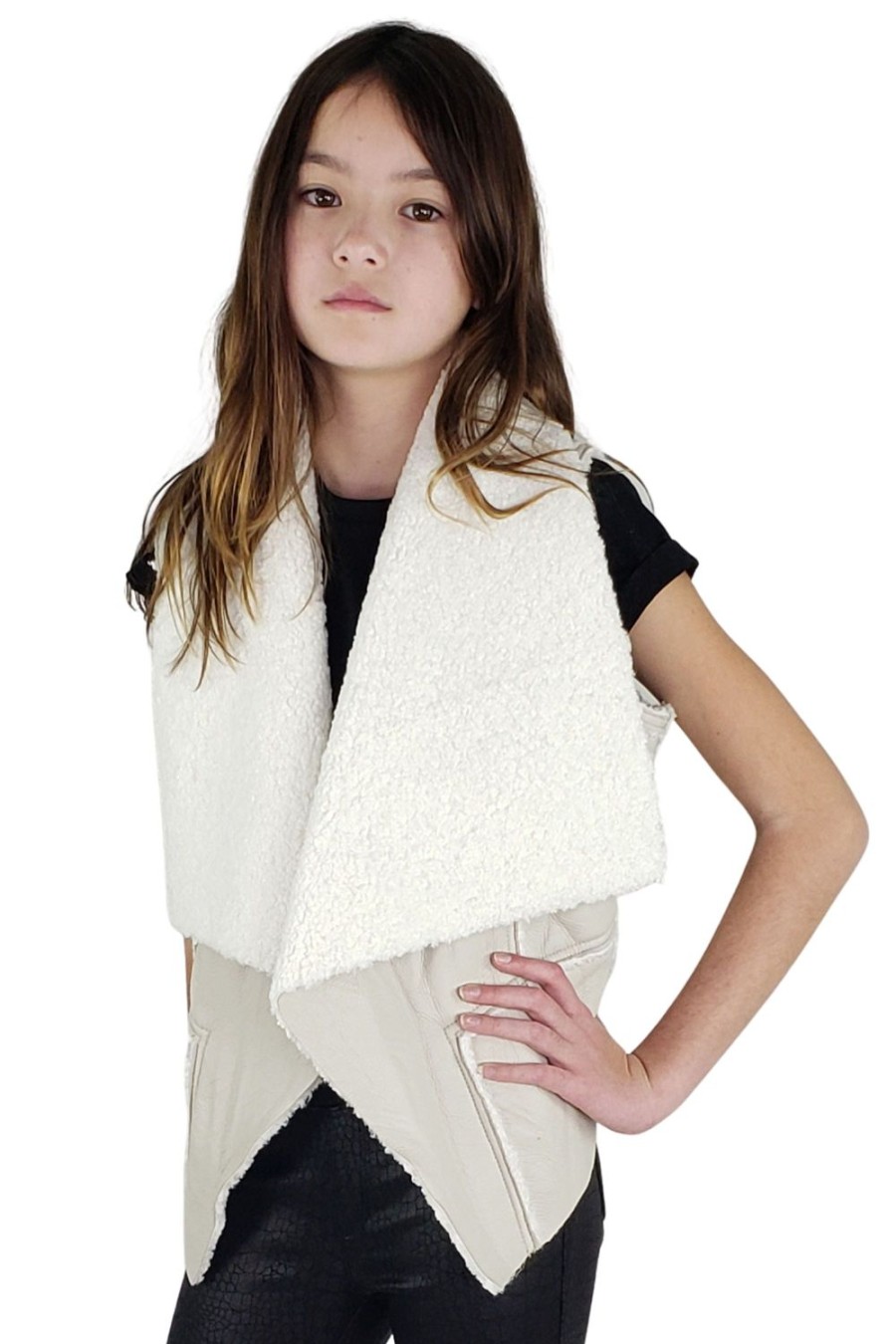 Girls Tractr Reversible | Reversible Sherpa Pleather Vest Cream