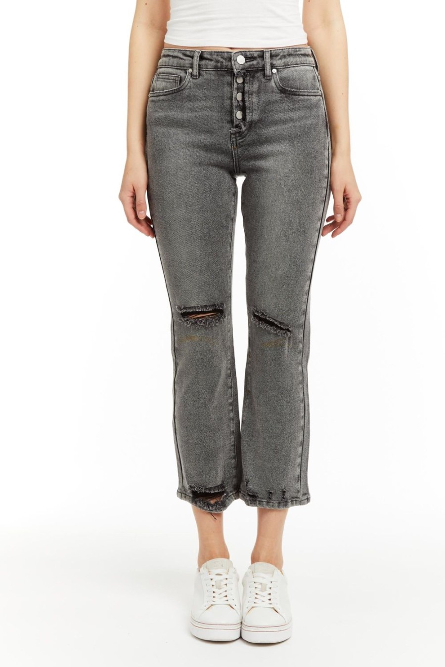 Women Tractr Ankle Length | Button Me Up High Rise Crop Flare In Grey