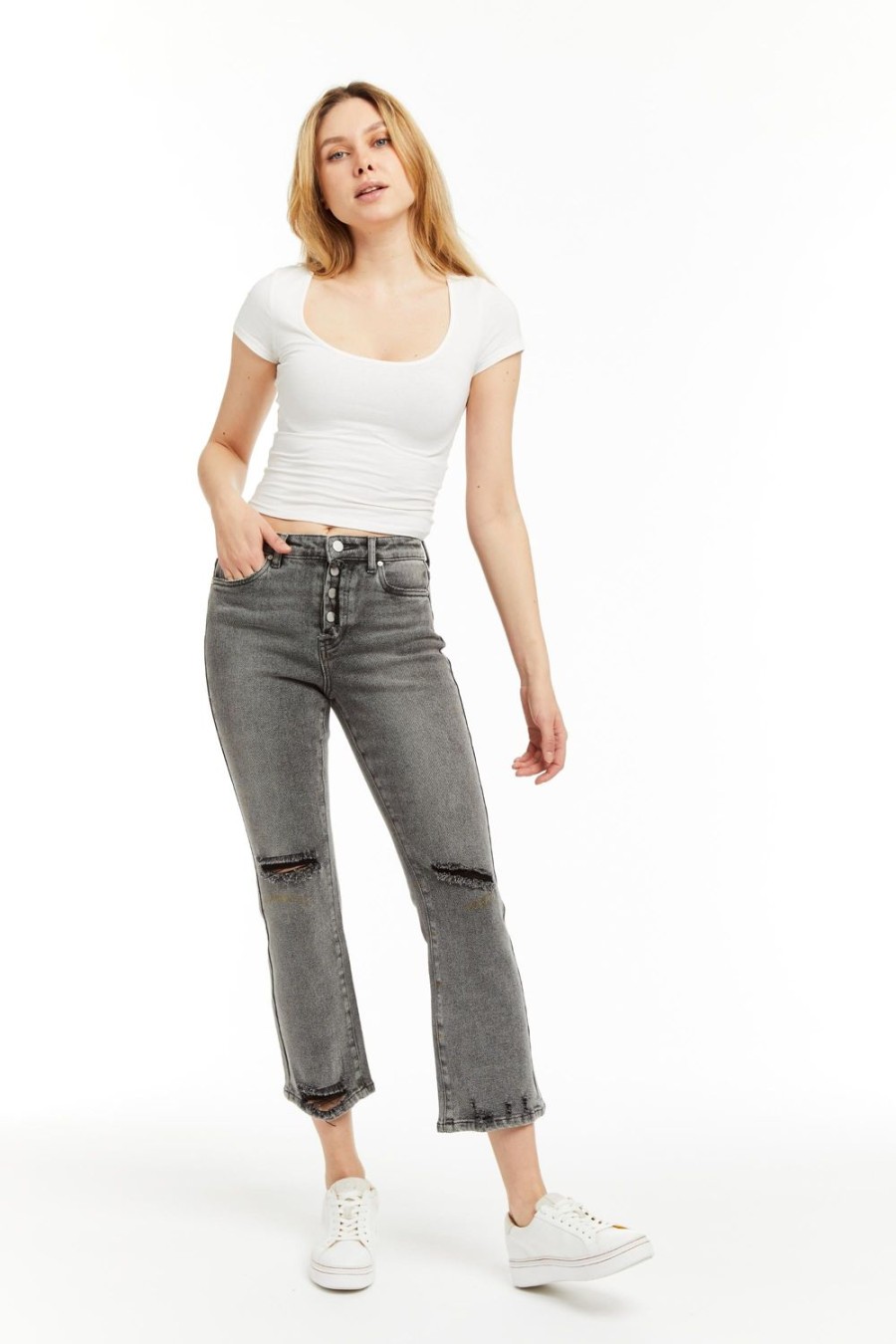 Women Tractr Ankle Length | Button Me Up High Rise Crop Flare In Grey