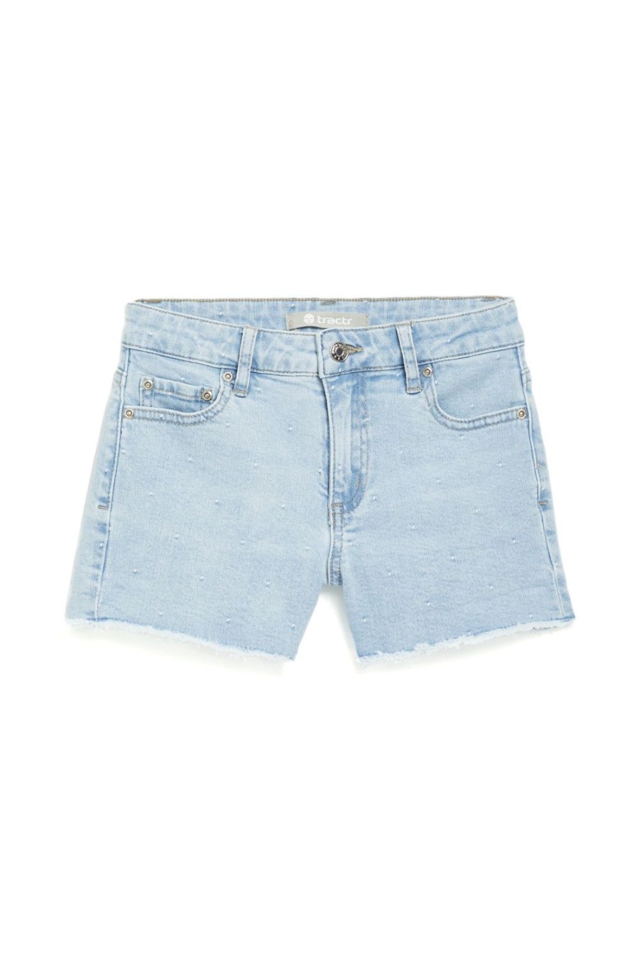 Girls Tractr Cut Off | Brittany - Polkadot Jacquard Fray Hem Denim Shorts Light Indigo