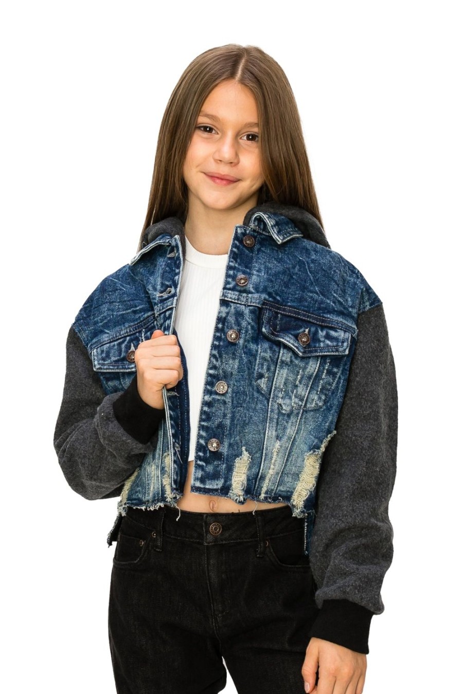 Girls Tractr Denim | Crop Combo Hoodie Jacket Indigo/Black