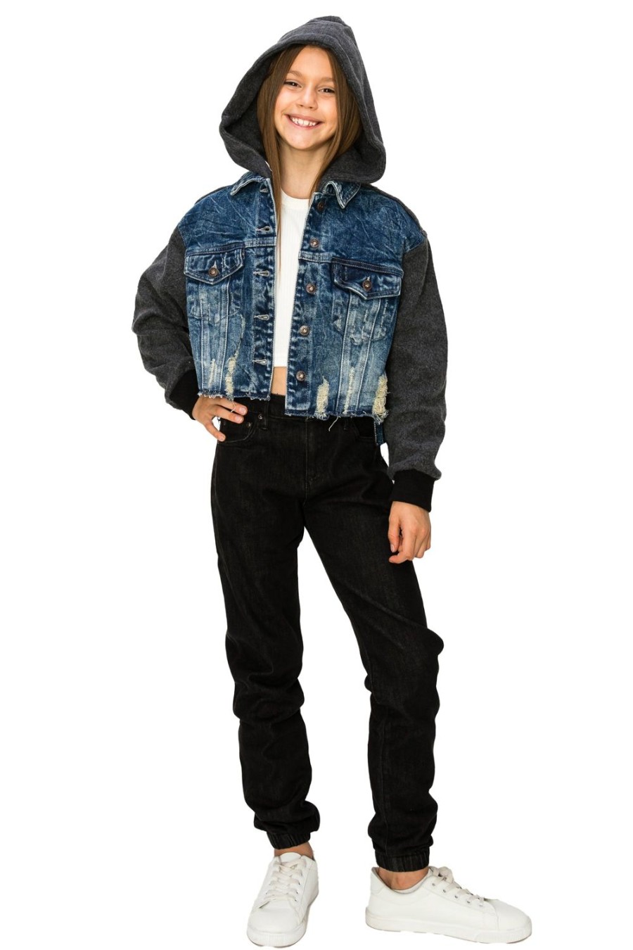 Girls Tractr Denim | Crop Combo Hoodie Jacket Indigo/Black