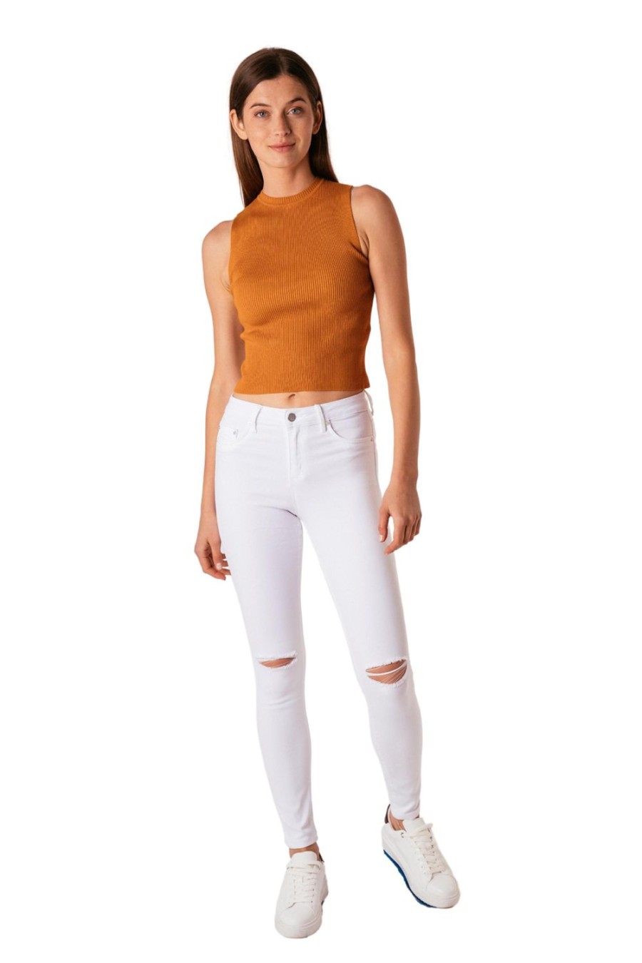 Women Tractr Distressed | Nina - High Waist Skinny W/ Knee Slit White