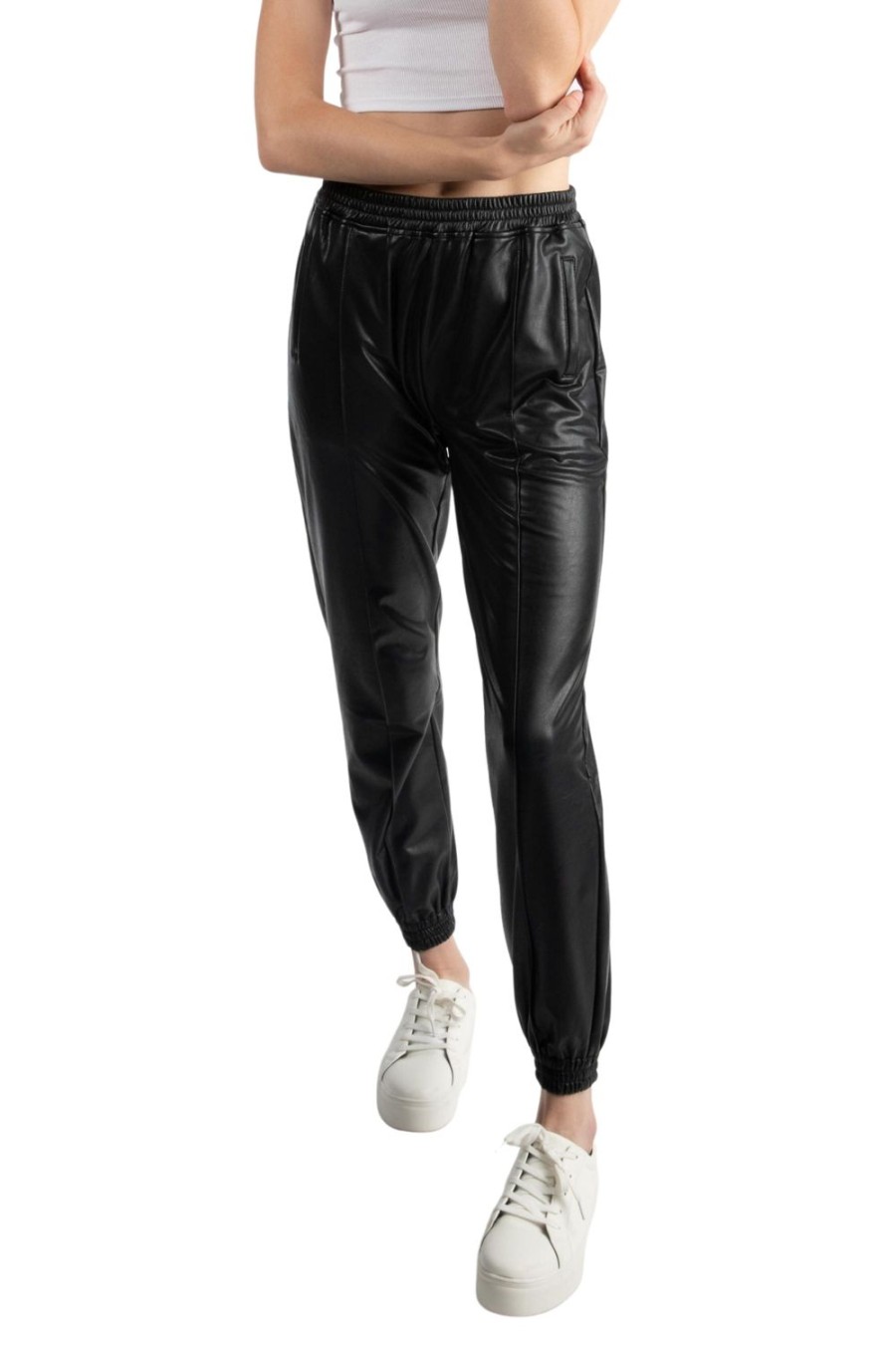 Women Tractr High Rise | Pleather Jogger Pants Black