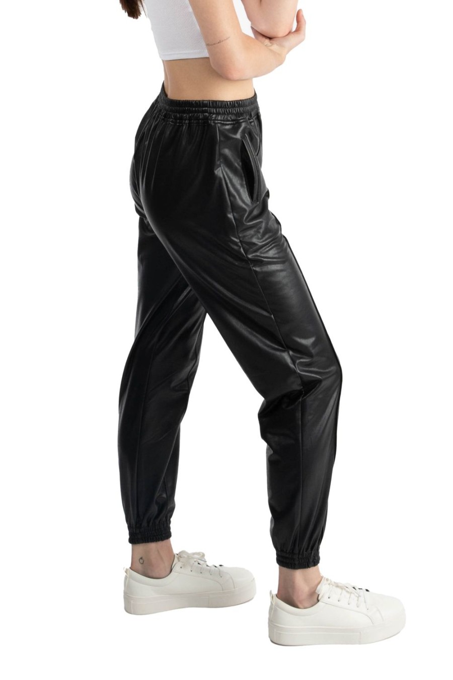 Women Tractr High Rise | Pleather Jogger Pants Black