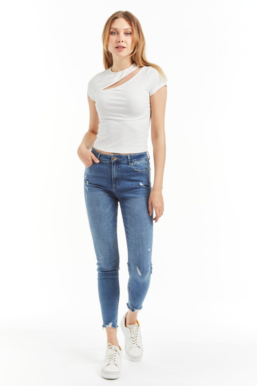 Women Tractr Ankle Length | Mona - Crop Skinny With Raw Edge Hem Indigo