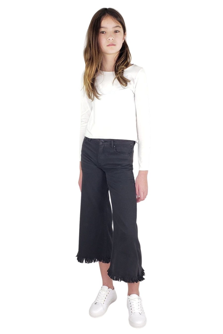 Girls Tractr Ankle Length | Color Wide Leg Fray Hem Crop Pants Black