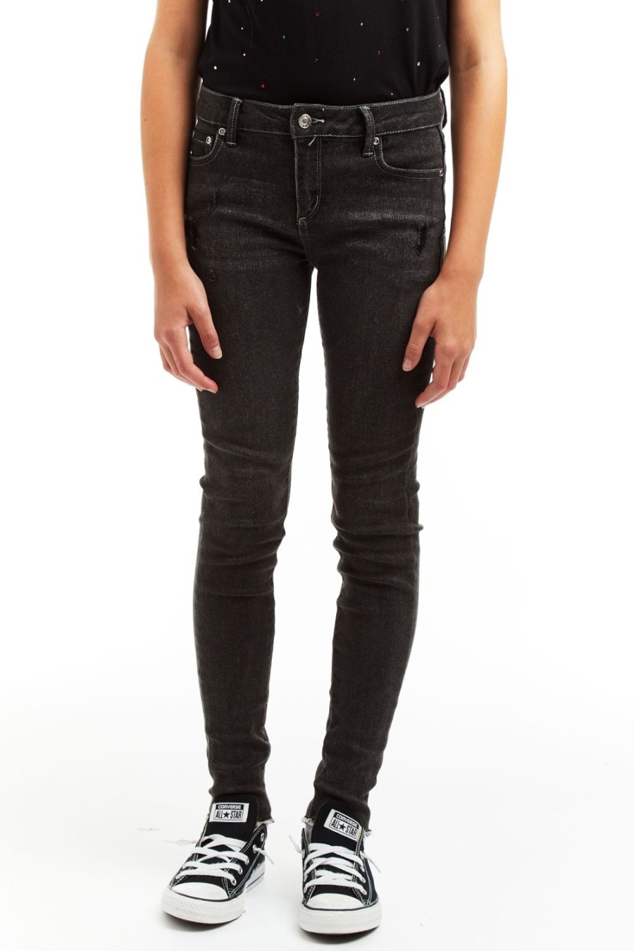 Girls Tractr Distressed | Diane - Mid Rise Destructed Skinny With Fray Hem Grey