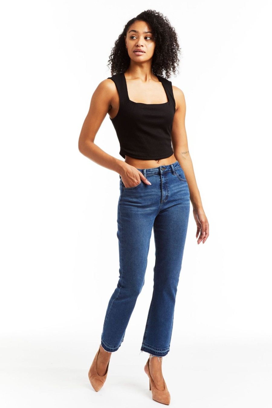 Women Tractr Ankle Length | High Rise Cropped Flare W Released Hem Medium Dark Indigo