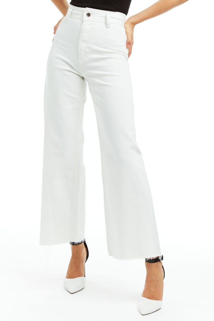 Women Tractr High Rise | High Rise Flat Front Ankle Wide Leg W Raw Hem White