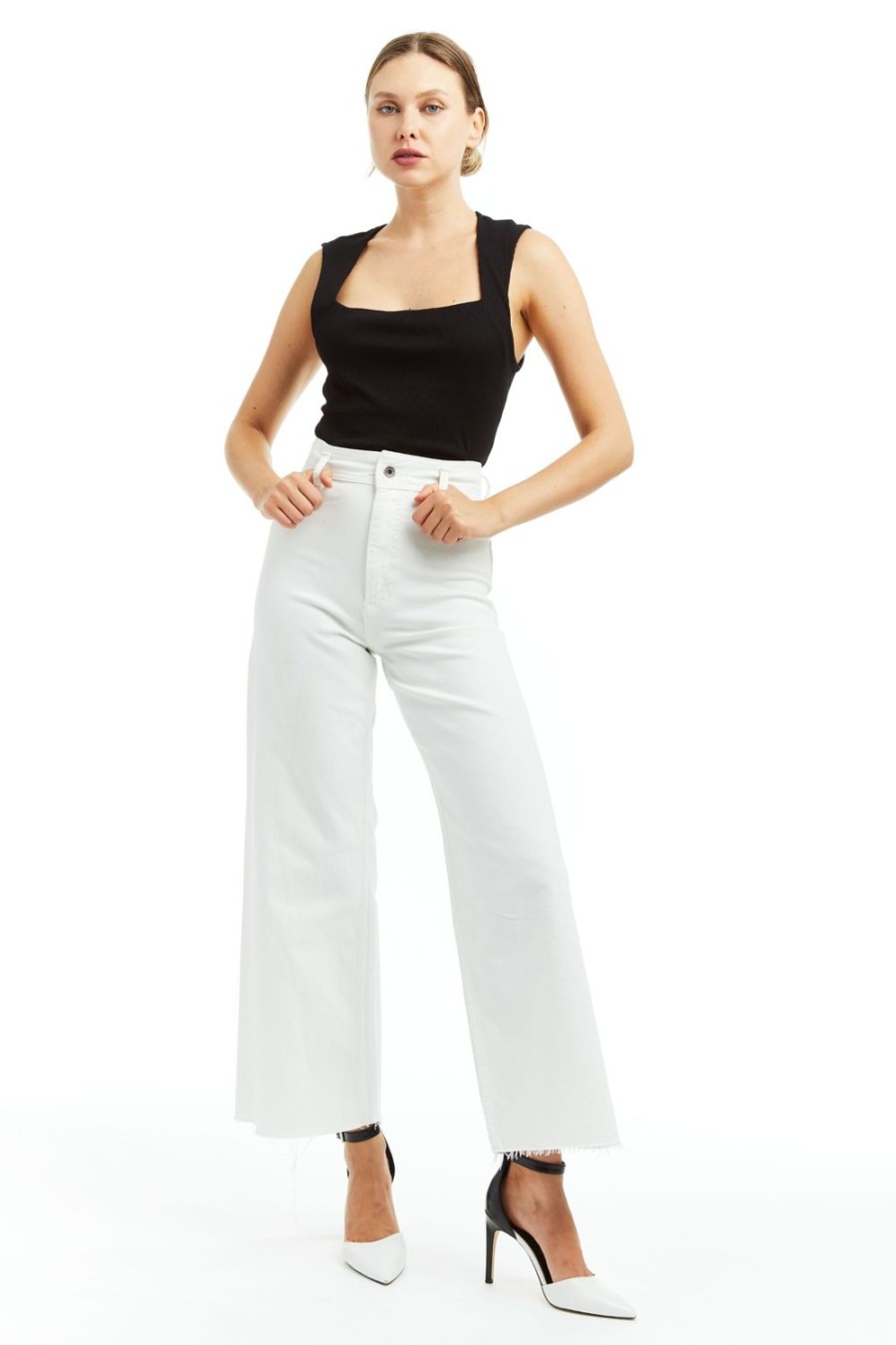 Women Tractr High Rise | High Rise Flat Front Ankle Wide Leg W Raw Hem White