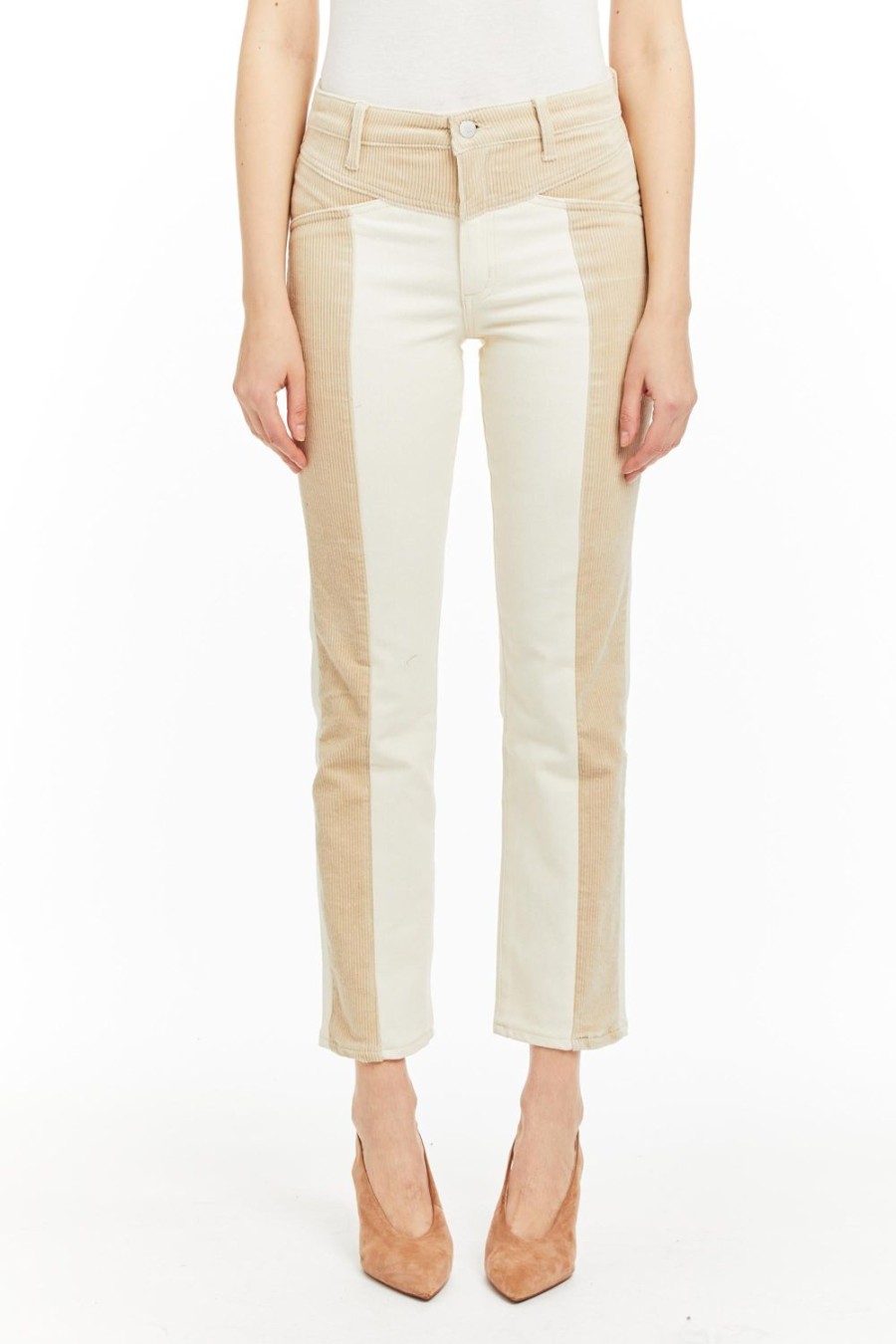 Women Tractr High Rise | Combo Corduroy Front Yoke Straight Cream