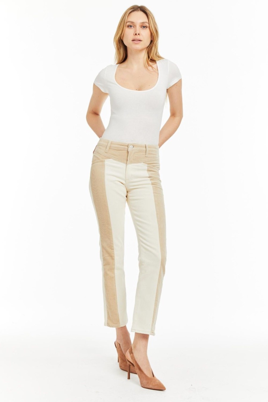 Women Tractr High Rise | Combo Corduroy Front Yoke Straight Cream