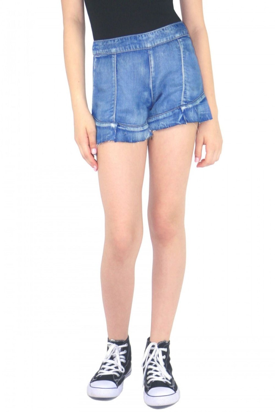 Girls Tractr Cut Off | Ruffled Hem Short 3 Inch Inseam In Indigo