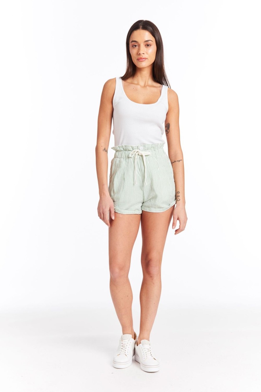 Women Tractr High Rise | Holly - Paperbag Linen Short Green Stripe