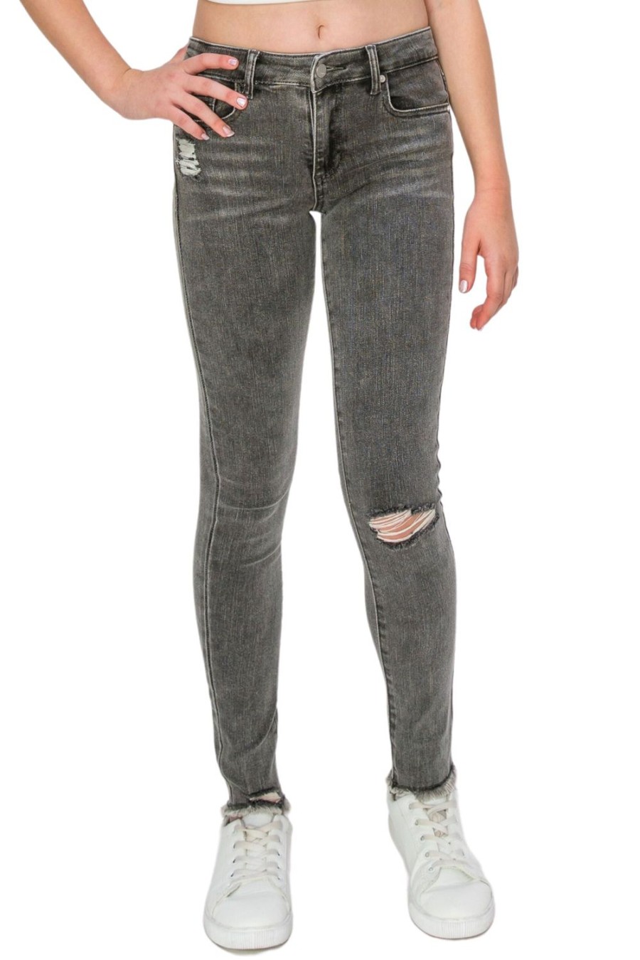 Girls Tractr Distressed | Diane - Mid Rise Skinny With Destruction And Fray Hem Grey