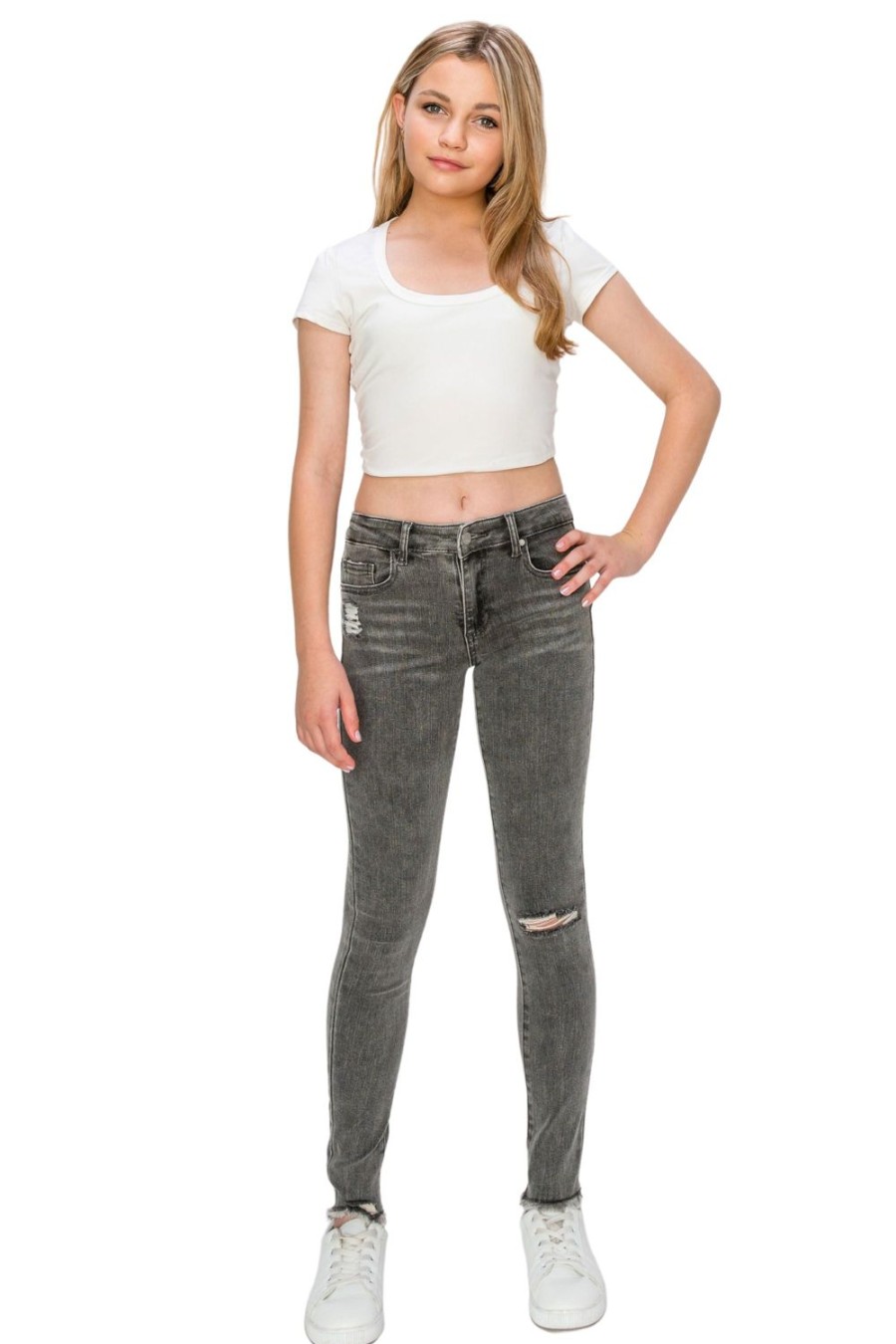 Girls Tractr Distressed | Diane - Mid Rise Skinny With Destruction And Fray Hem Grey