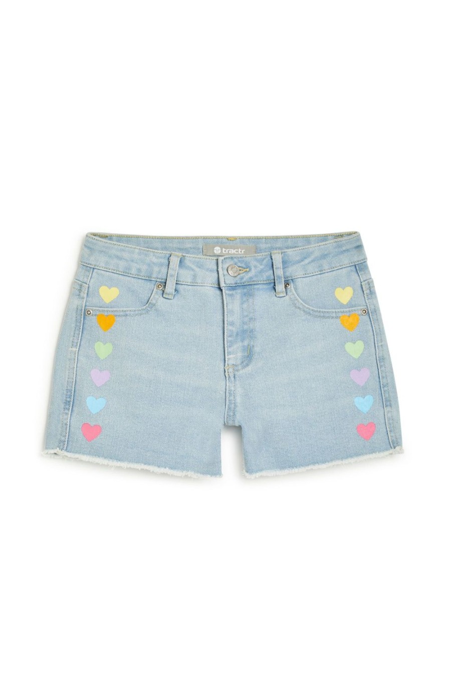 Girls Tractr Cut Off | Brittany - Colorful Heart Print Short Light Indigo