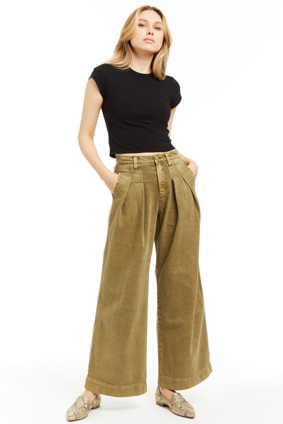 Women Tractr Wide Leg | Pleated Wide Trouser Olive