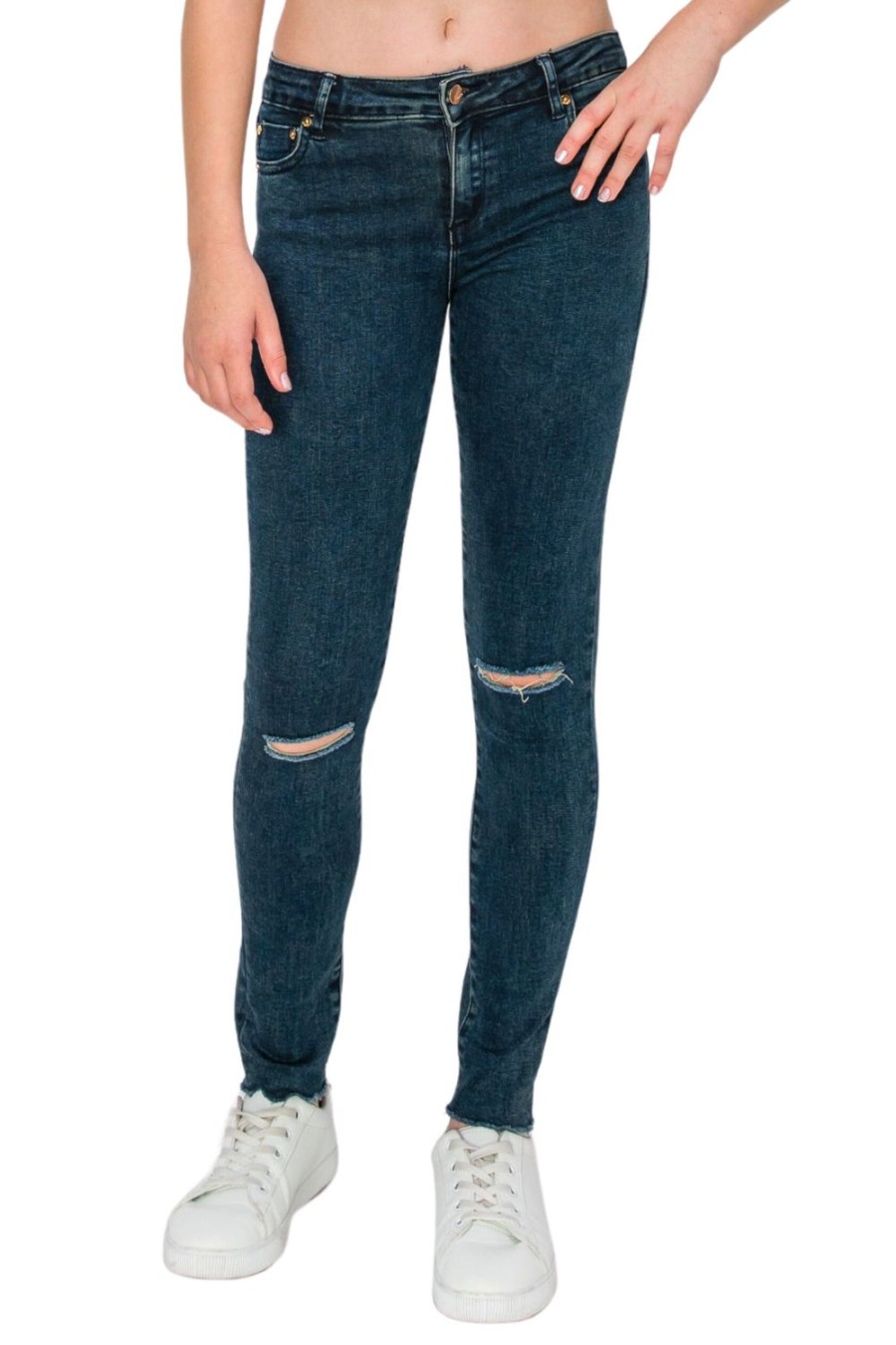 Girls Tractr Distressed | Diane - Basic Destructed Mid Rise Skinny With Fray Hem In Dark Indigo