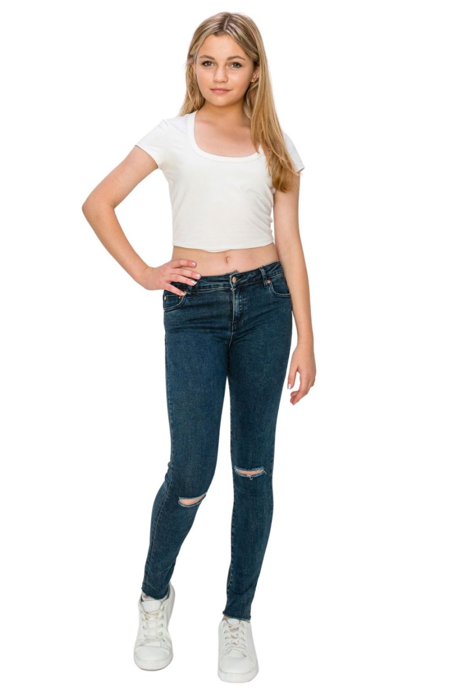 Girls Tractr Distressed | Diane - Basic Destructed Mid Rise Skinny With Fray Hem In Dark Indigo