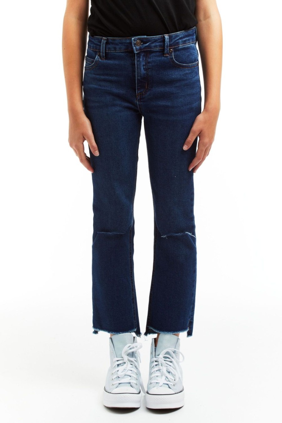 Girls Tractr Ankle Length | High Rise Crop Flare With Destructed High Low Hem Indigo