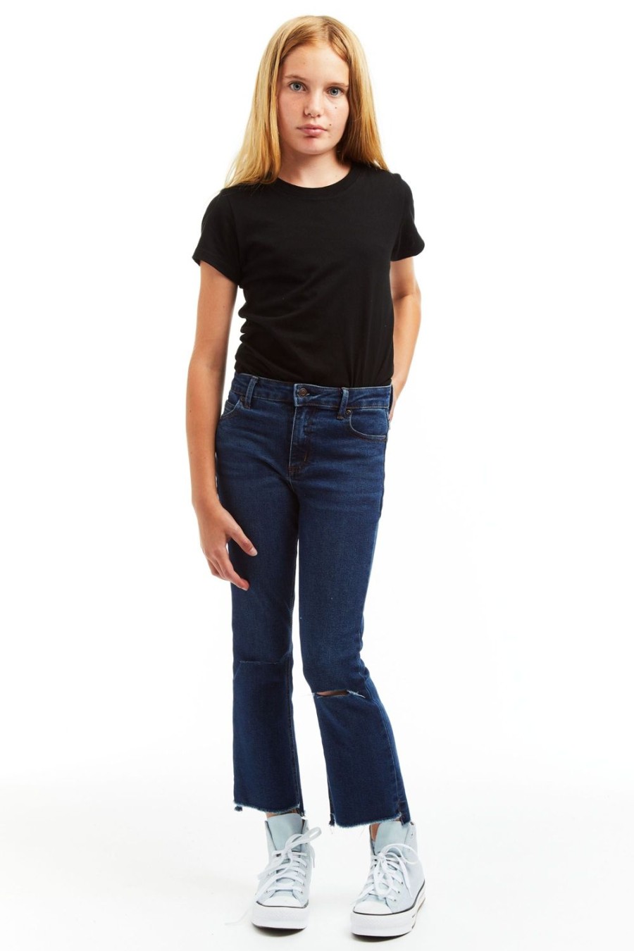 Girls Tractr Ankle Length | High Rise Crop Flare With Destructed High Low Hem Indigo