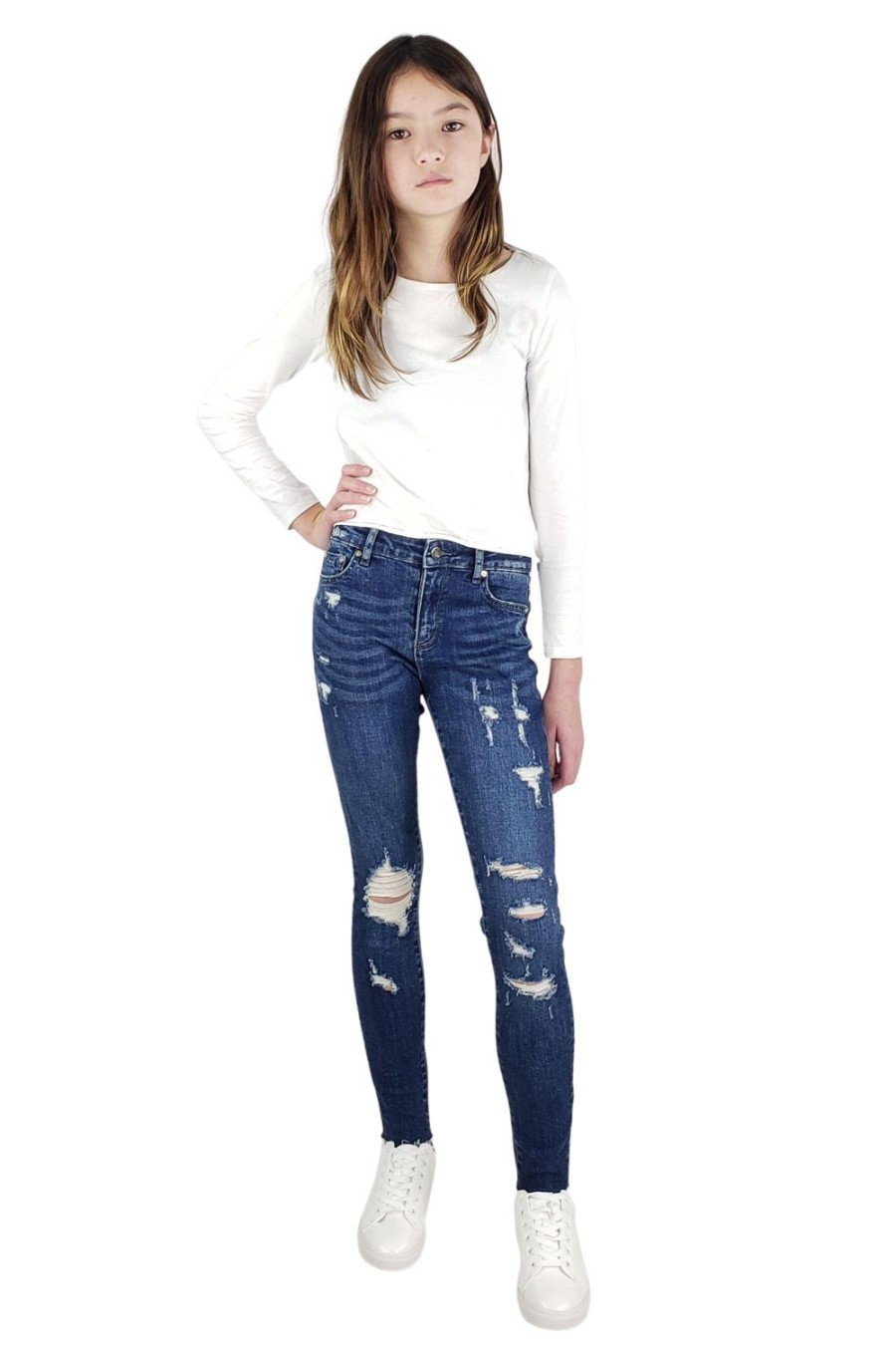 Girls Tractr Distressed | Diane - Basic Mid-Rise Skinny Pant With Destruction Indigo