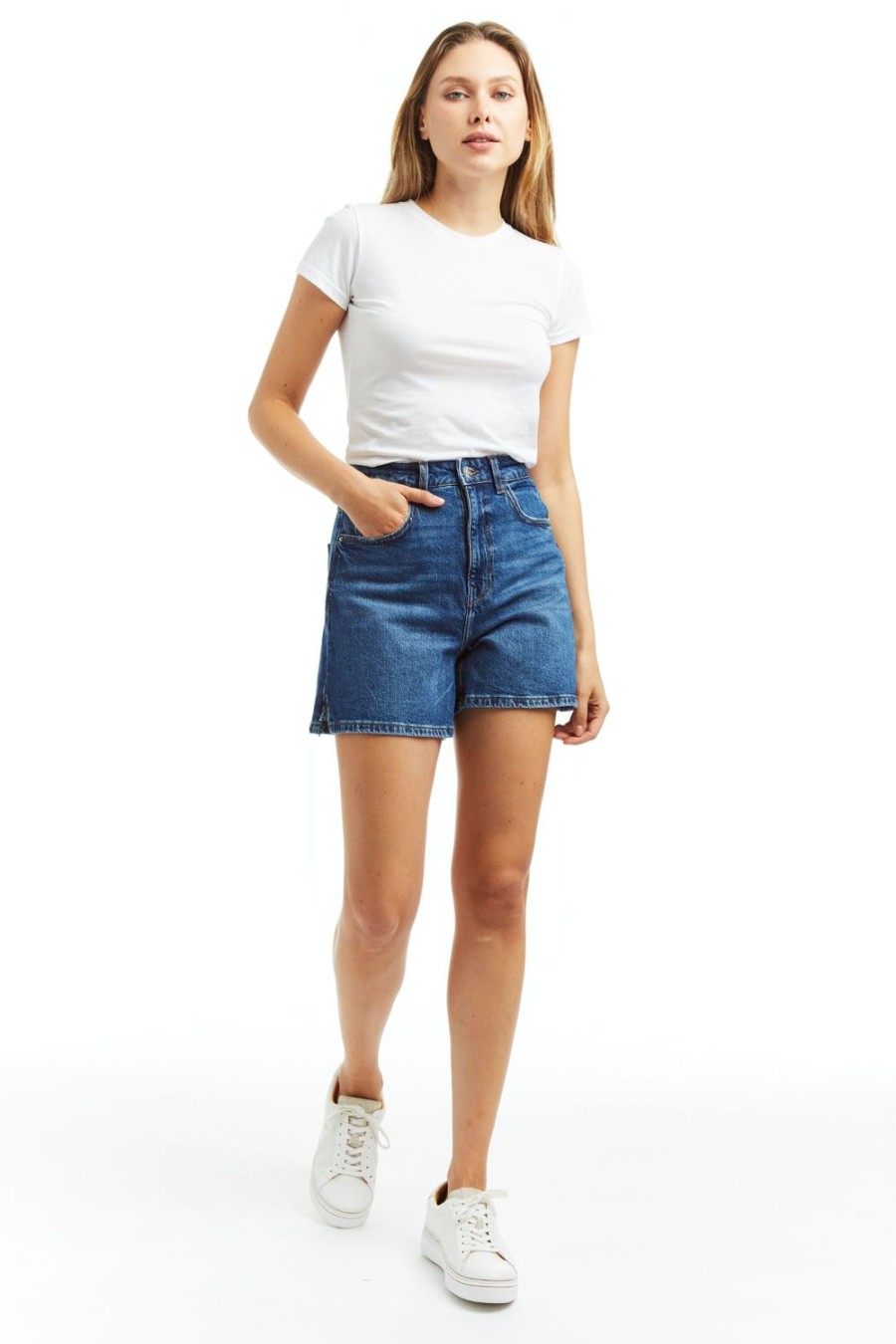 Women Tractr High Rise | High Rise Mom Short With Side Slit Indigo