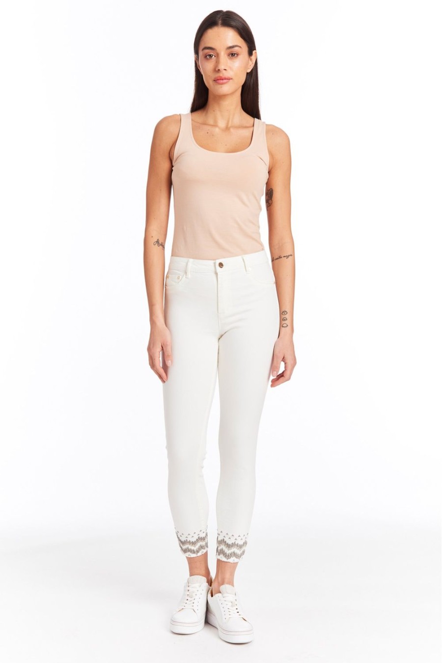 Women Tractr Ankle Length | Mona - Embroidered Hem Skinny Crop In White