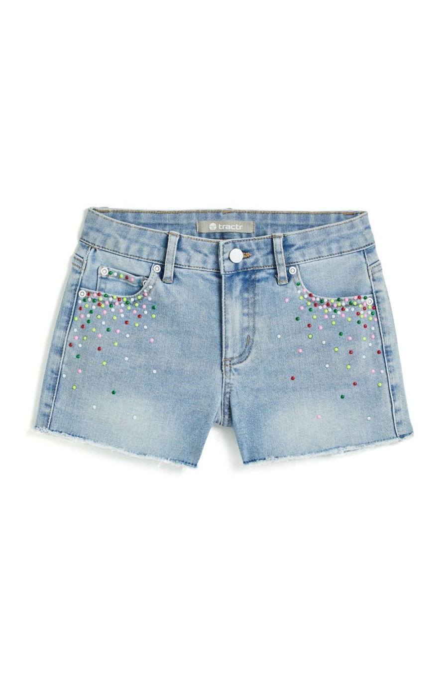 Girls Tractr Cut Off | Brittany - Colorful Confetti Studded Fray Hem Short Light Indigo