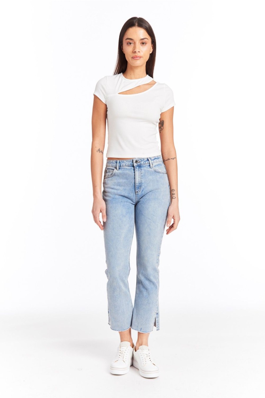 Women Tractr Ankle Length | High Rise Crop Flare With Side Slit And Raw Edge Hem In Indigo