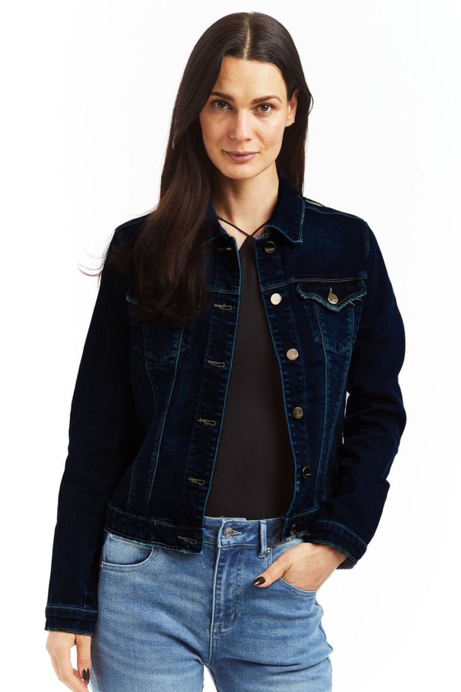 Women Tractr Denim | Loretta Basic Denim Jacket In Dark Indigo