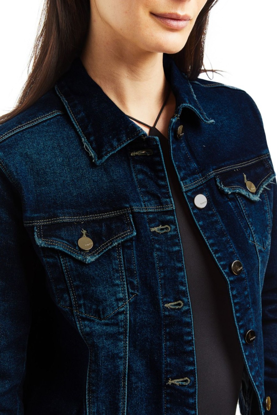 Women Tractr Denim | Loretta Basic Denim Jacket In Dark Indigo