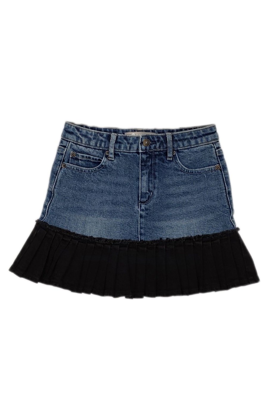 Girls Tractr Denim | Mixed Denim Pleated Hem Mini Skirt Indigo