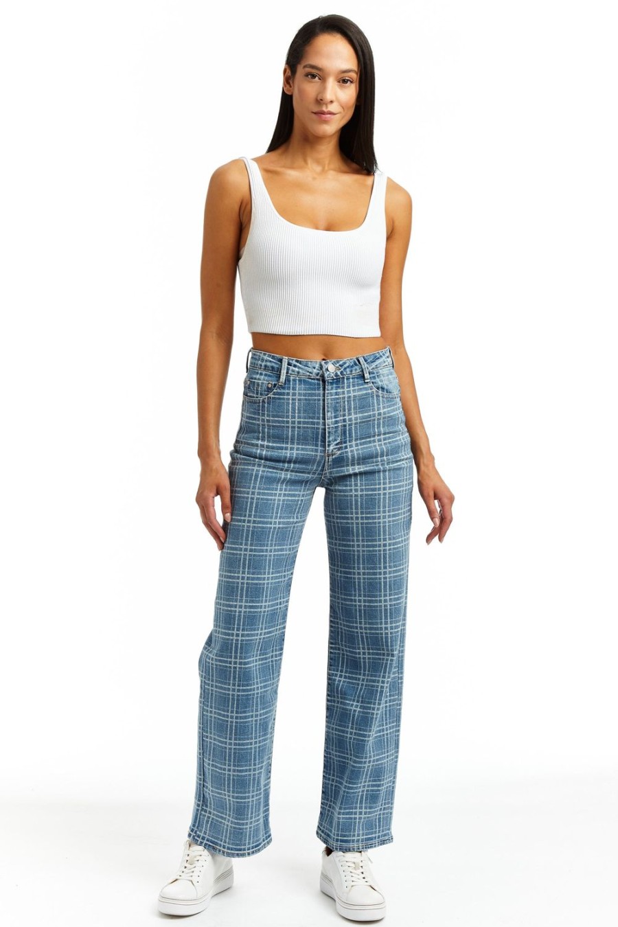 Women Tractr Straight Leg | Retro Plaid Straight Jean Indigo