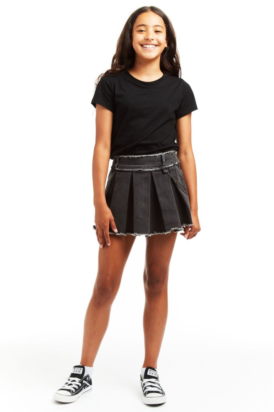 Girls Tractr Denim | Pleated Denim Zip Up Skort With Chain Black