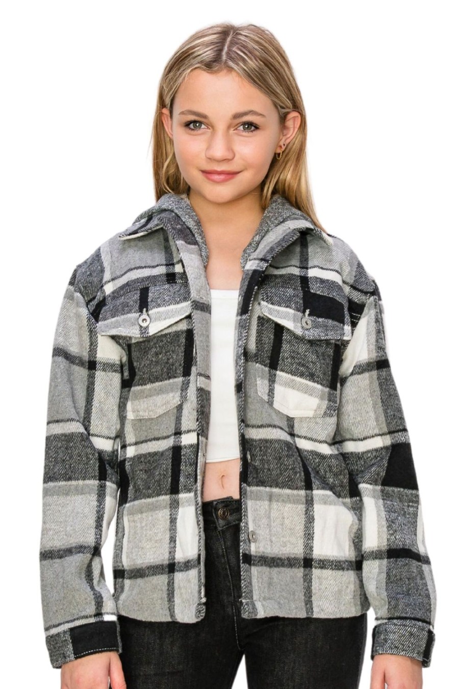 Girls Tractr Oversized | Flannel Shacket With Hood